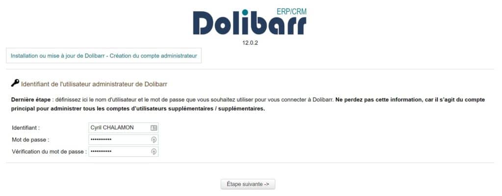 Création du compte administrateur de Dolibarr