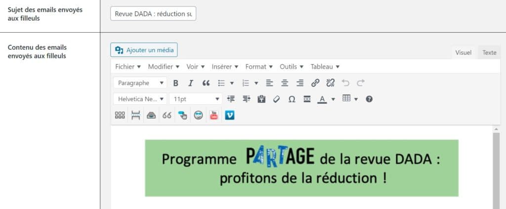 Proposer le parrainage sur WooCommerce avec Ever Referral 8 Exemple de réglage d'email de parrainage pour les filleuls